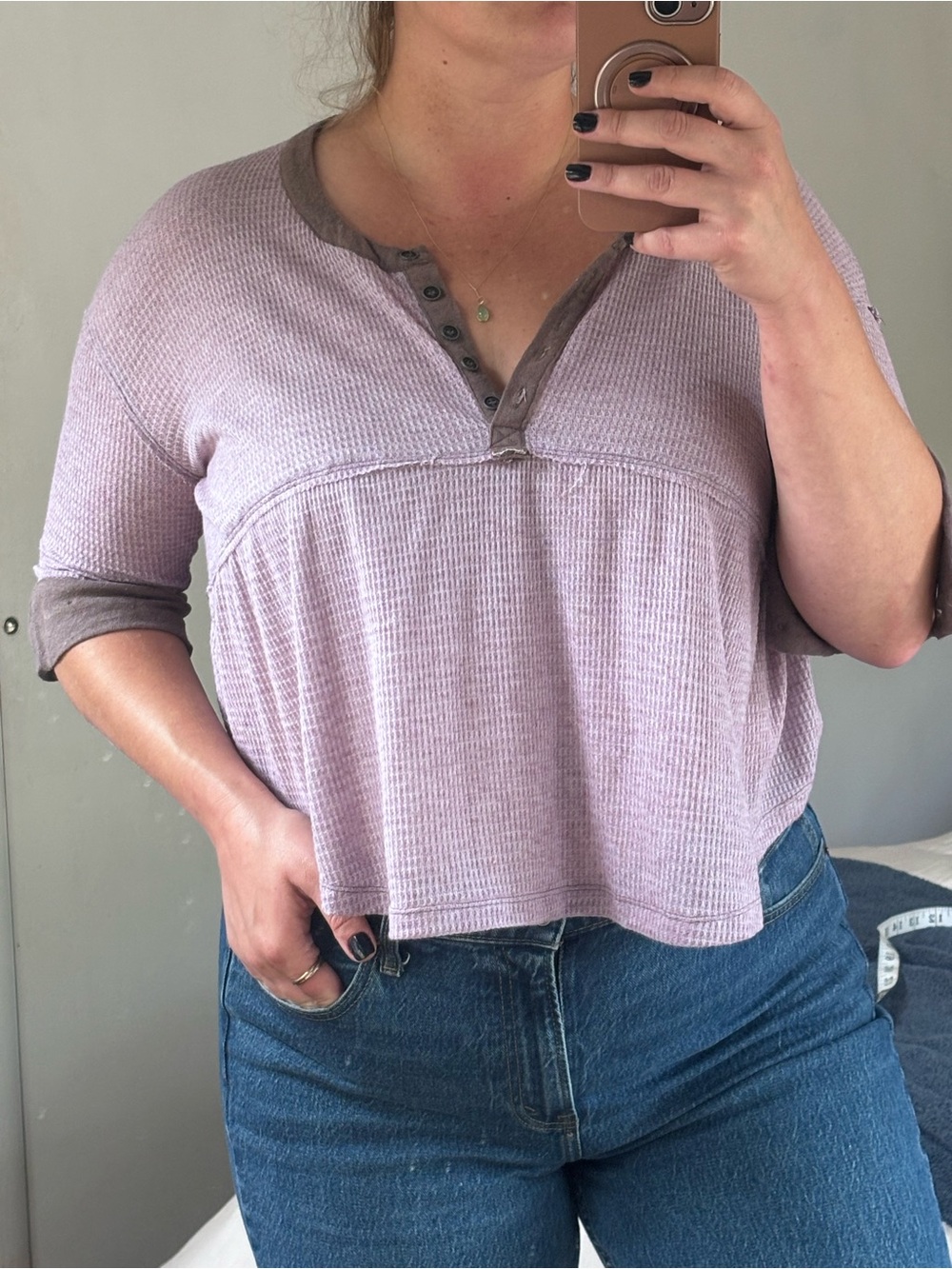We The Free Lavender Waffle Henley with Taupe Trim